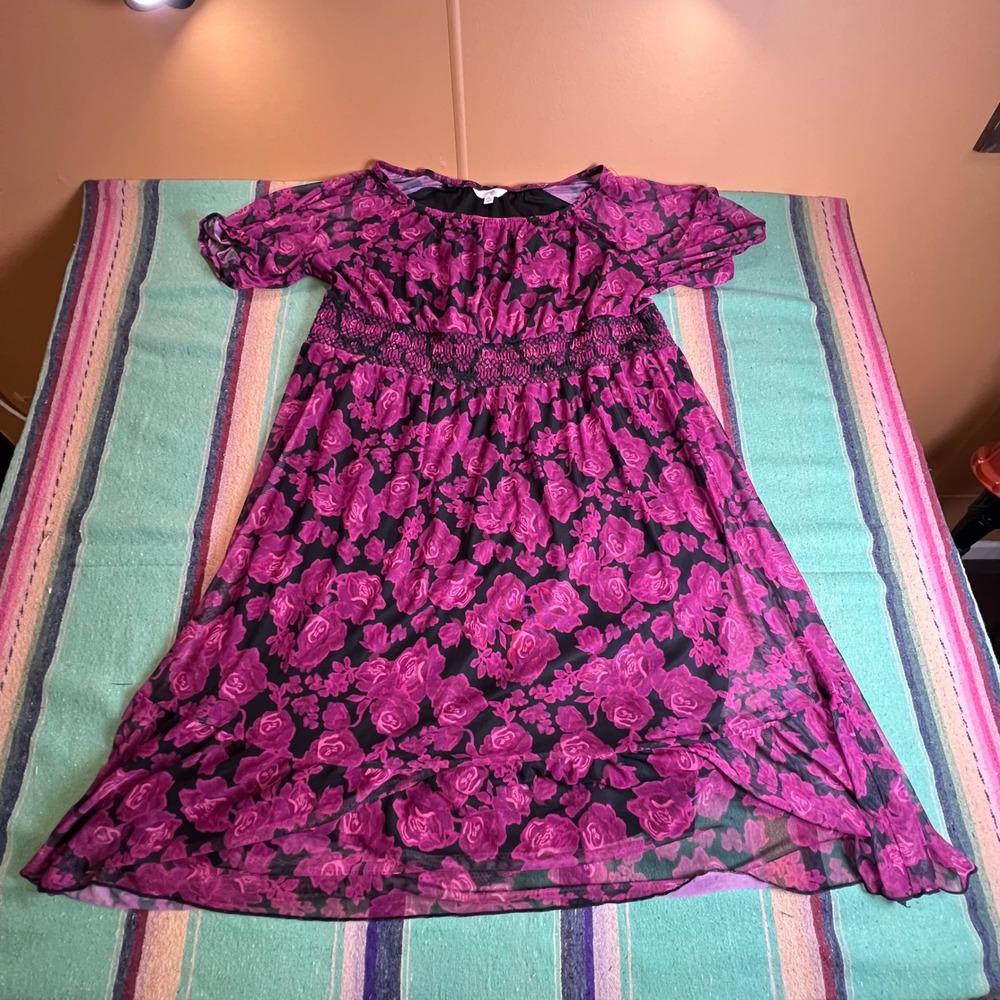 Terra & Sky Floral Dress Womens 2X Pink Black Smocked Mesh Off Shoulder Boho